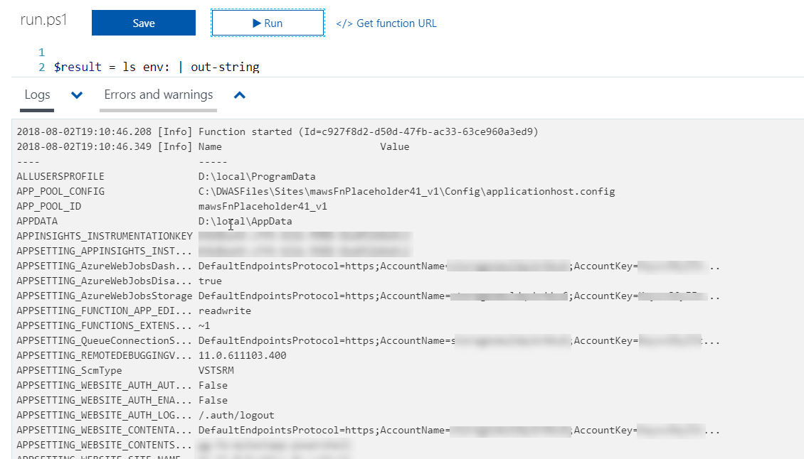 Accessing App Setting from Azure Functions with PowerShell